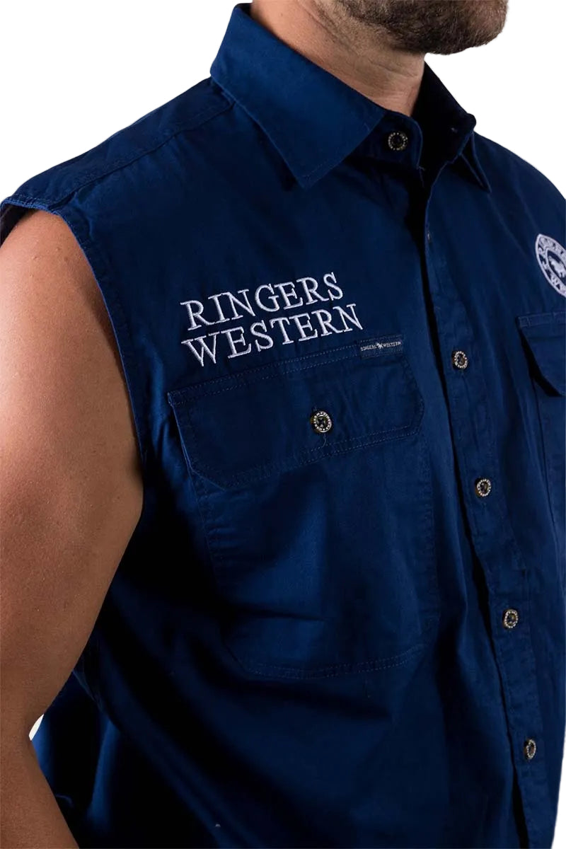 Ringers Western Mens Hawkeye Sleeveless Work Shirt (120210991) Navy with White Embroidery 