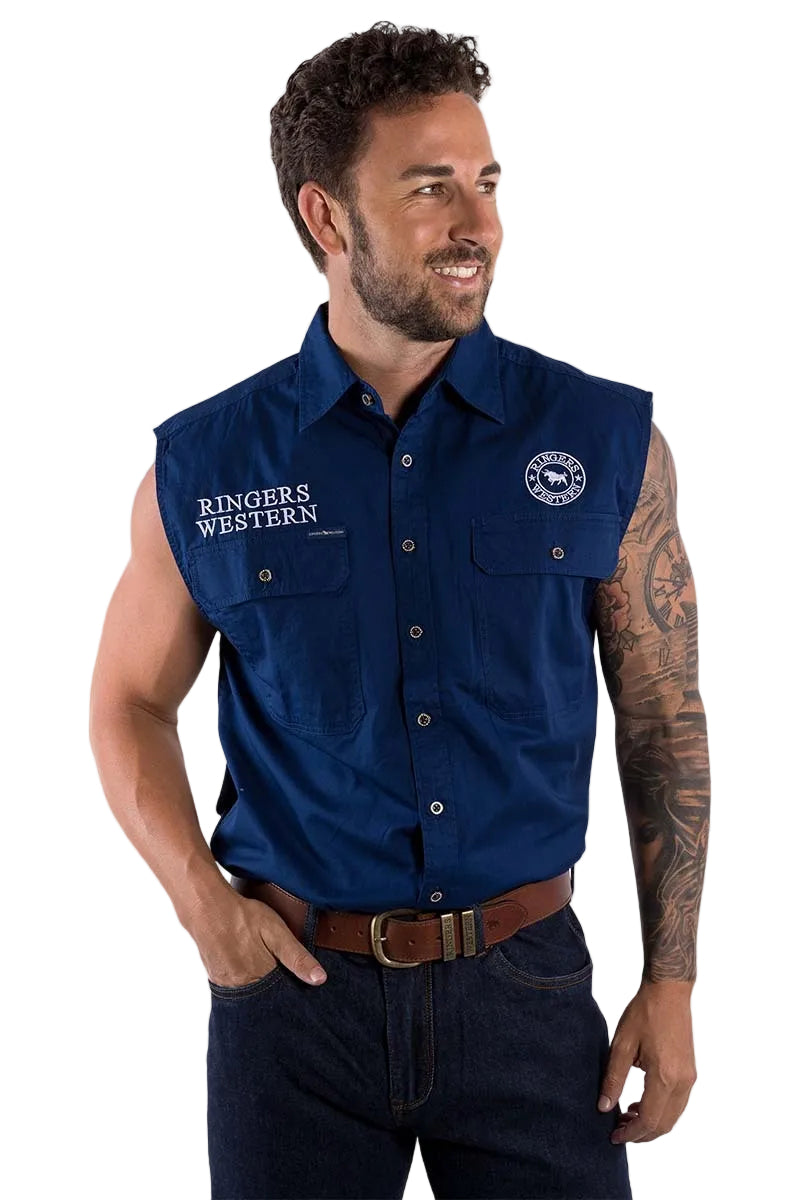 Ringers Western Mens Hawkeye Sleeveless Work Shirt (120210991) Navy with White Embroidery 