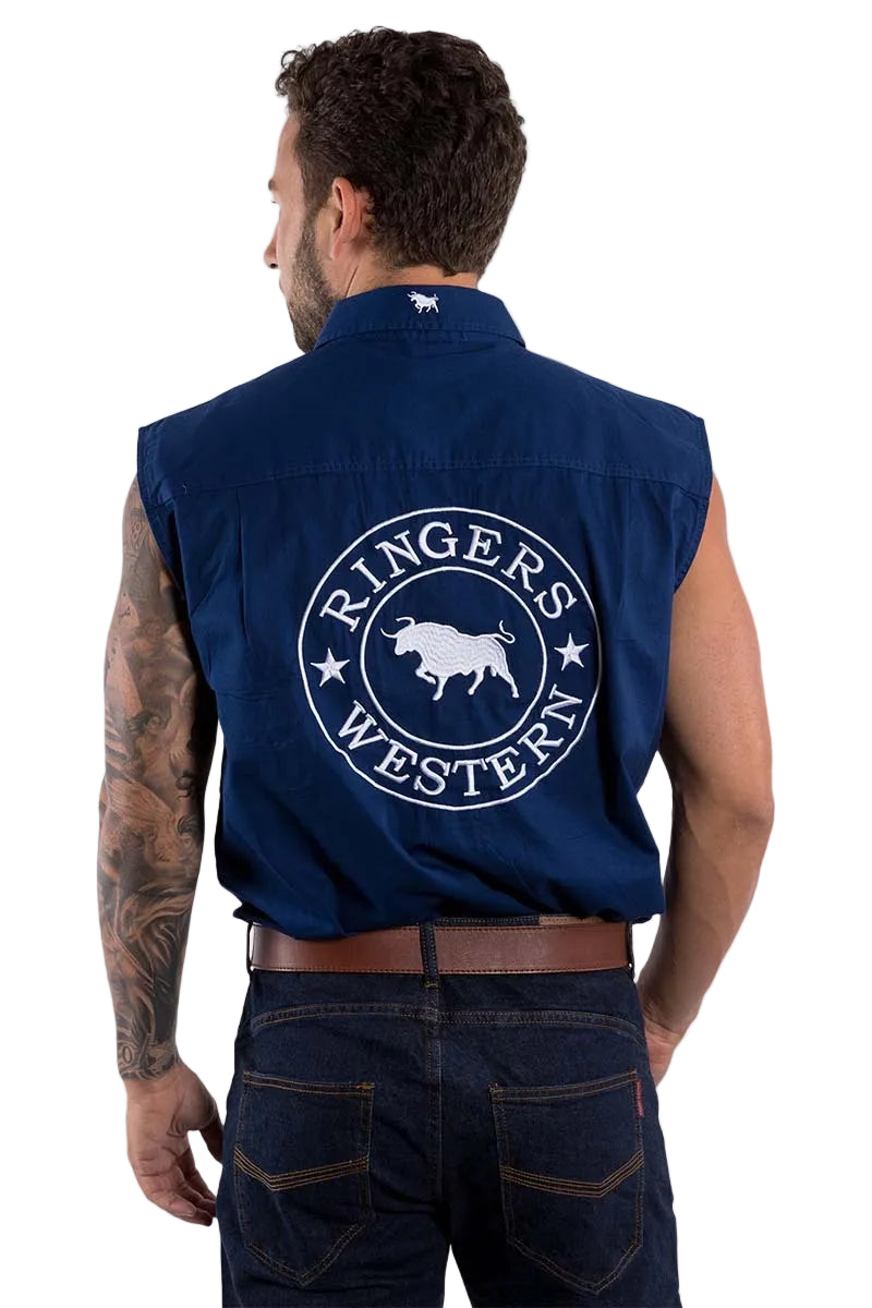 Ringers Western Mens Hawkeye Sleeveless Work Shirt (120210991) Navy with White Embroidery 
