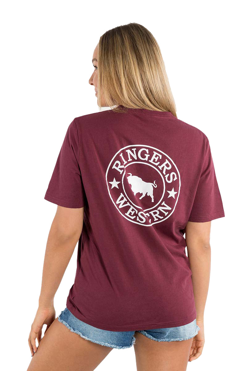Ringers Western Womens Signature Bull Loose Fit S/S Tee (220018RW) Burgundy/White Print