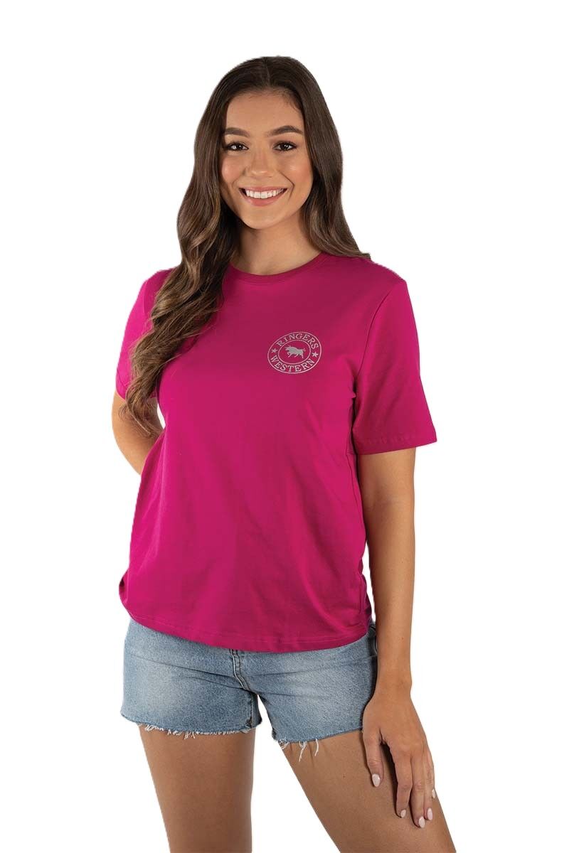 Ringers Western Womens Signature Bull Loose S/S Tee (220018RW) Magenta with Silver Print