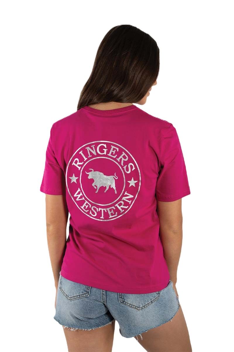 Ringers Western Womens Signature Bull Loose S/S Tee (220018RW) Magenta with Silver Print