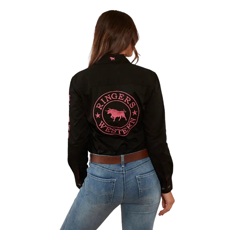 Ringers Western Womens Signature Jillaroo Full Button L/S Work Shirt (218110002) Black/Melon Embroidery