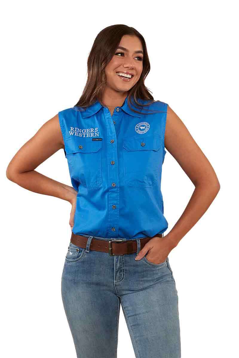 Ringers Western Womens Signature Jillaroo Sleeveless Work Shirt (220210991) Blue/White Embroidery 