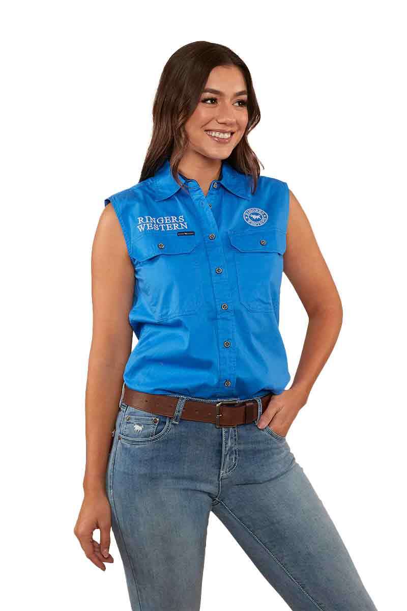 Ringers Western Womens Signature Jillaroo Sleeveless Work Shirt (220210991) Blue/White Embroidery 