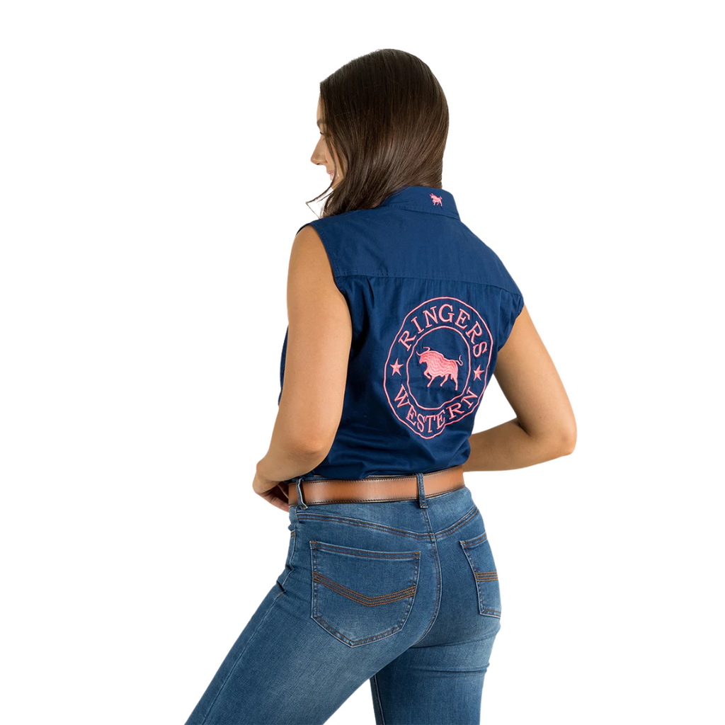Ringers Western Womens Jillaroo Sleeveless Workshirt (220210991) Navy/Melon Embroidery