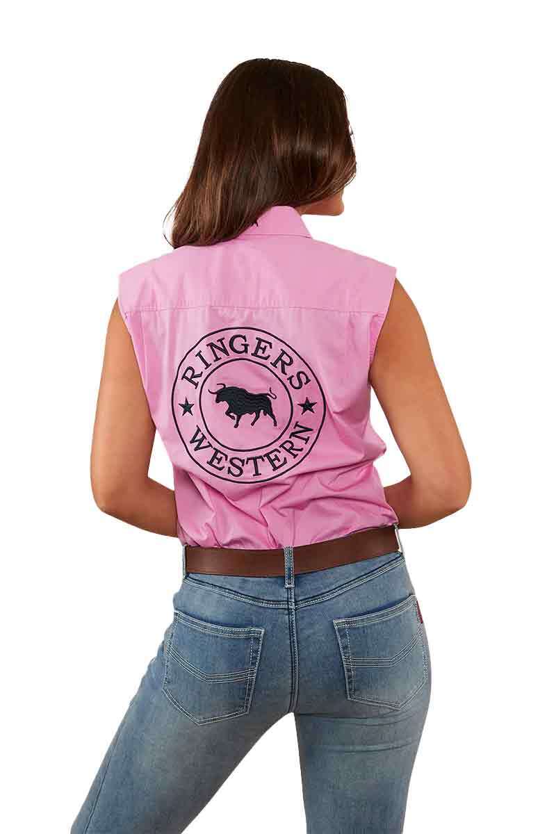 Ringers Western Womens Signature Jillaroo Sleeveless Work Shirt (220210991) Pastel Pink/Navy Embroidery