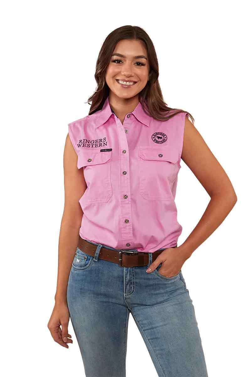 Ringers Western Womens Signature Jillaroo Sleeveless Work Shirt (220210991) Pastel Pink/Navy Embroidery
