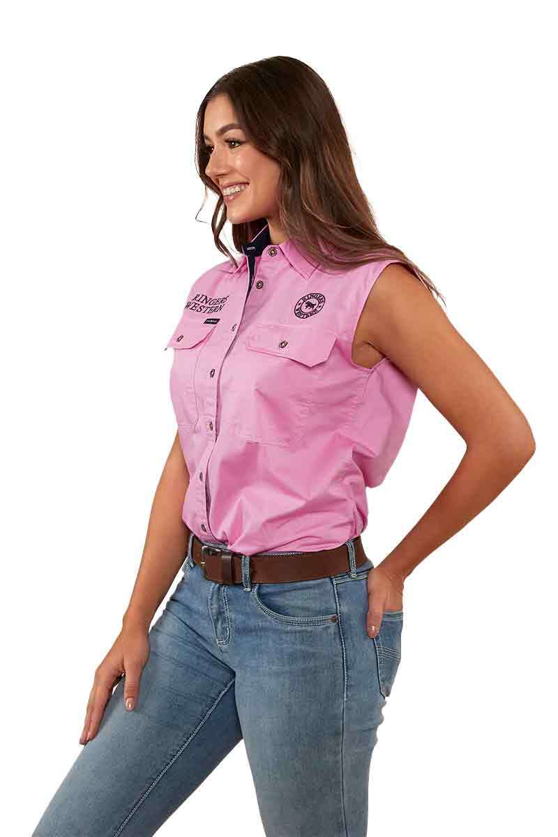 Ringers Western Womens Signature Jillaroo Sleeveless Work Shirt (220210991) Pastel Pink/Navy Embroidery