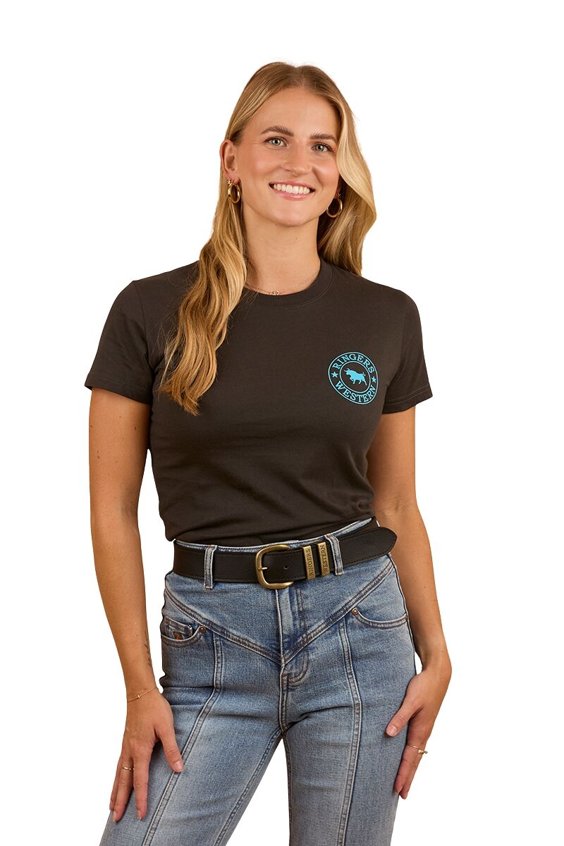 Ringers Western Womens Signature Bull Classic Fit S/S Tee (220016RW) Charcoal/Aqua