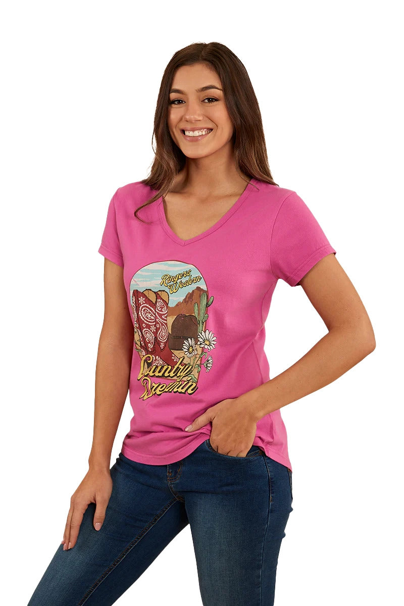 Ringers Western Womens Country Girls S/S V Neck Tee (222152RW) Candy [GD]