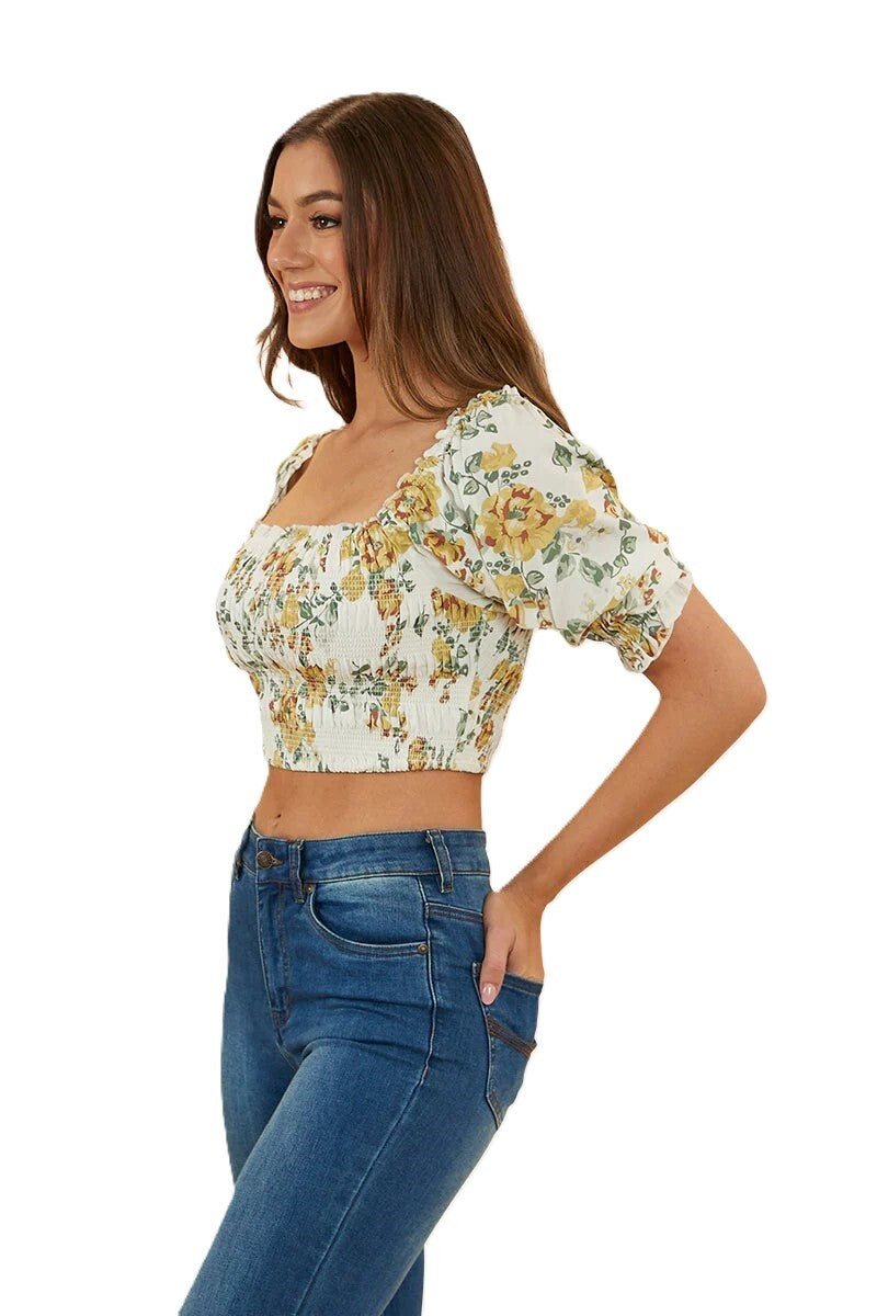 Ringers Western Womens Rosabel Shirred Top (222135RW) White/Yellow  [SD]