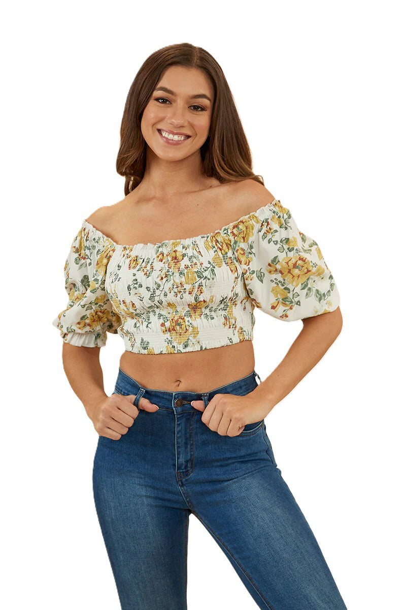 Ringers Western Womens Rosabel Shirred Top (222135RW) White/Yellow  [SD]