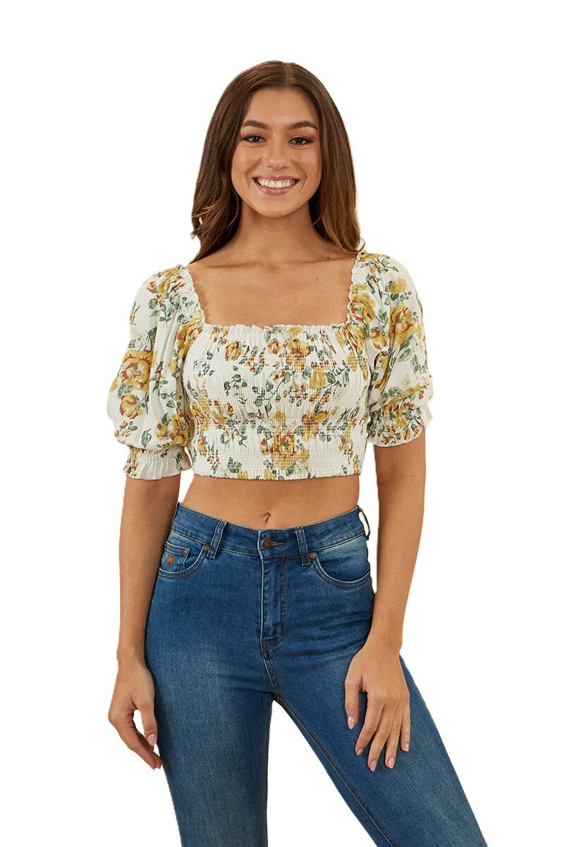 Ringers Western Womens Rosabel Shirred Top (222135RW) White/Yellow  [SD]