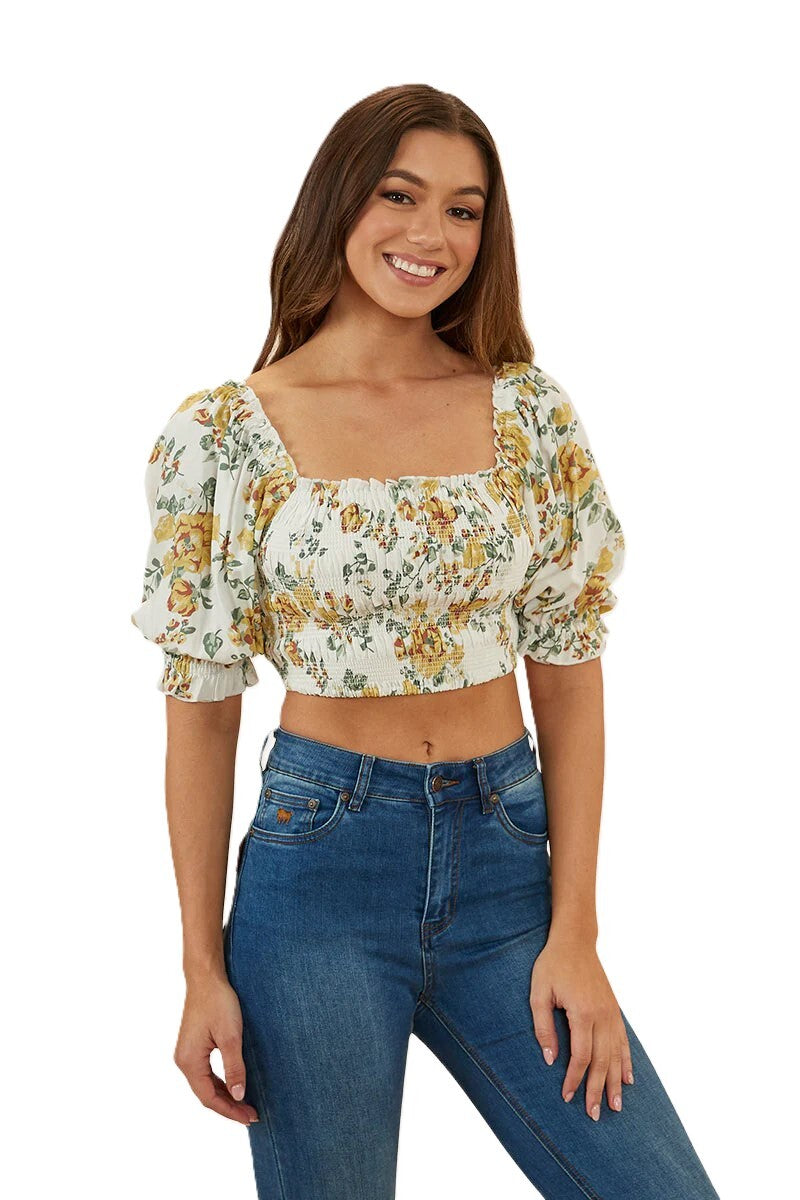 Ringers Western Womens Rosabel Shirred Top (222135RW) White/Yellow  [SD]