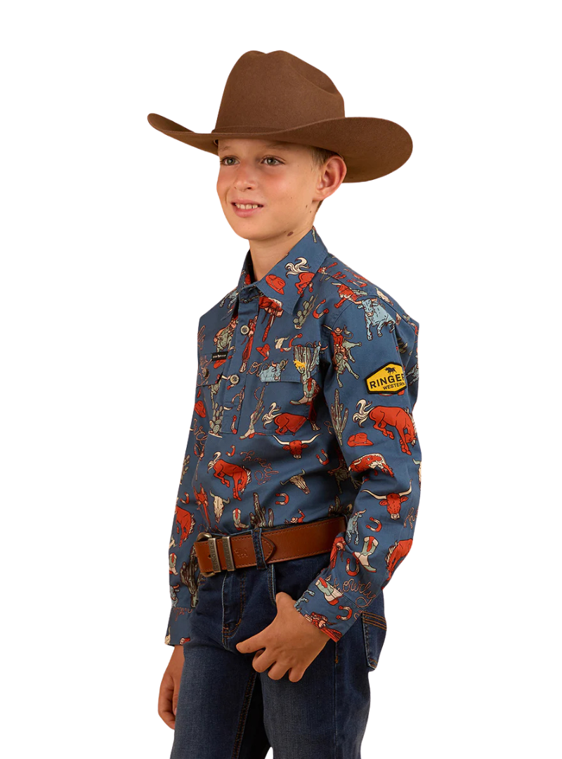 Ringers Western Childrens Mini Cowboy L/S Half Button Workshirt (323026RW) Yale Blue [SD]
