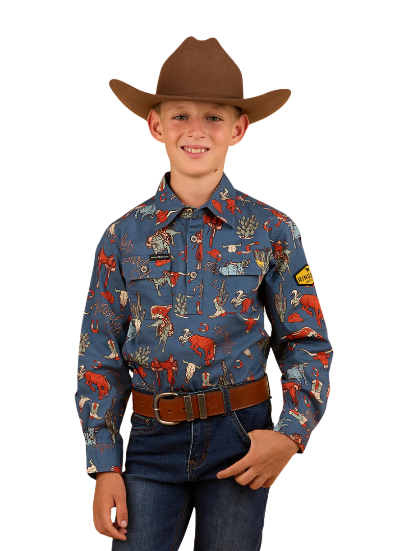 Ringers Western Childrens Mini Cowboy L/S Half Button Workshirt (323026RW) Yale Blue [SD]