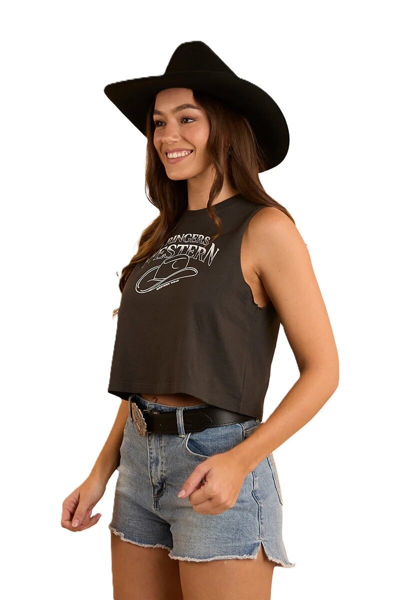 Ringers Western Womens Chasing Cowboys Crop Muscle Tank (224020RW) Charcoal [SD]