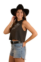 Ringers Western Womens Chasing Cowboys Crop Muscle Tank (224020RW) Charcoal [SD]
