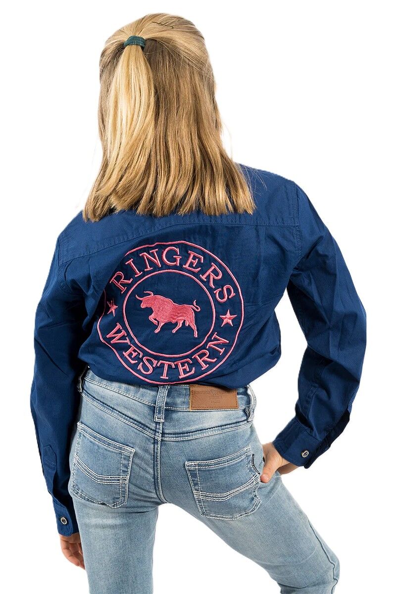 Ringers Western Childrens Jackaroo Full Button L/S Workshirt (321012RW) Navy/Melon Embroidery