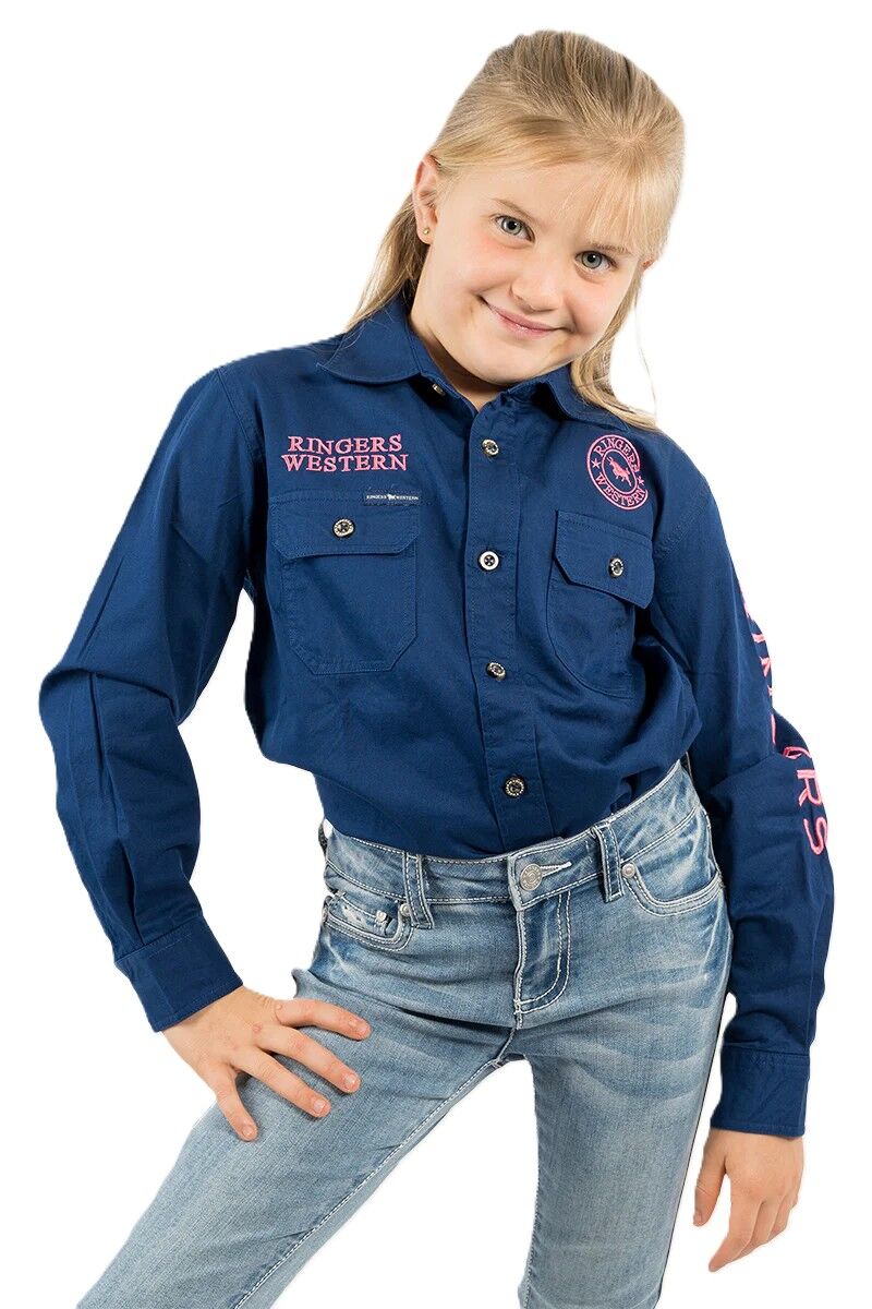 Ringers Western Childrens Jackaroo Full Button L/S Workshirt (321012RW) Navy/Melon Embroidery