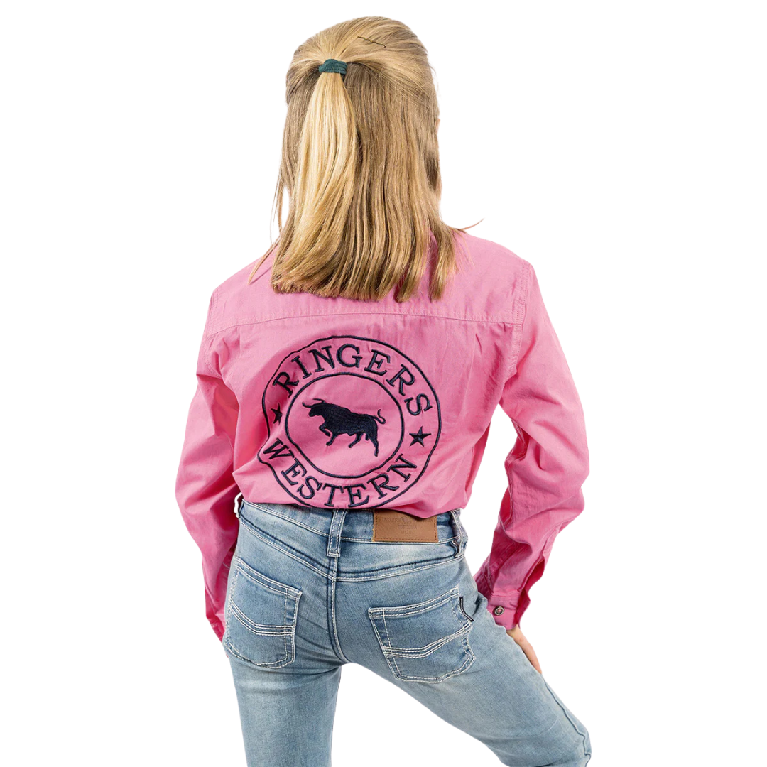 Ringers Western Childrens Jackaroo Full Button L/S Workshirt (321012RW) Pastel Pink/Navy Embroidery