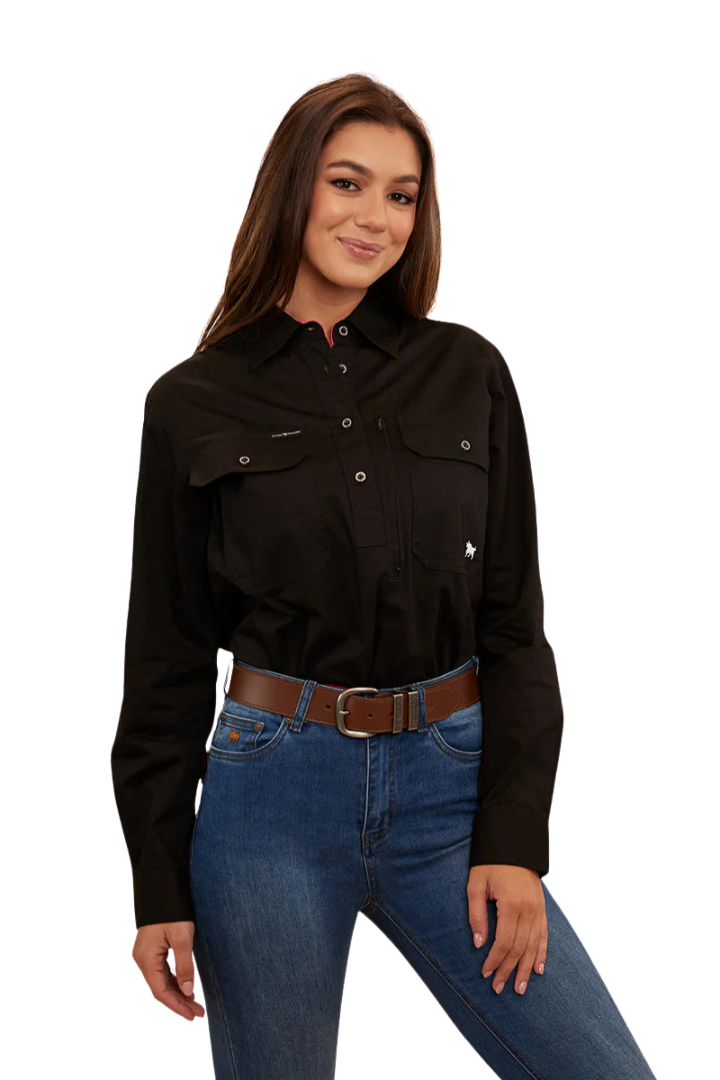 Ringers Western Womens Hereford L/S Half Button Workshirt (222155RW) Black/Melon [SD]