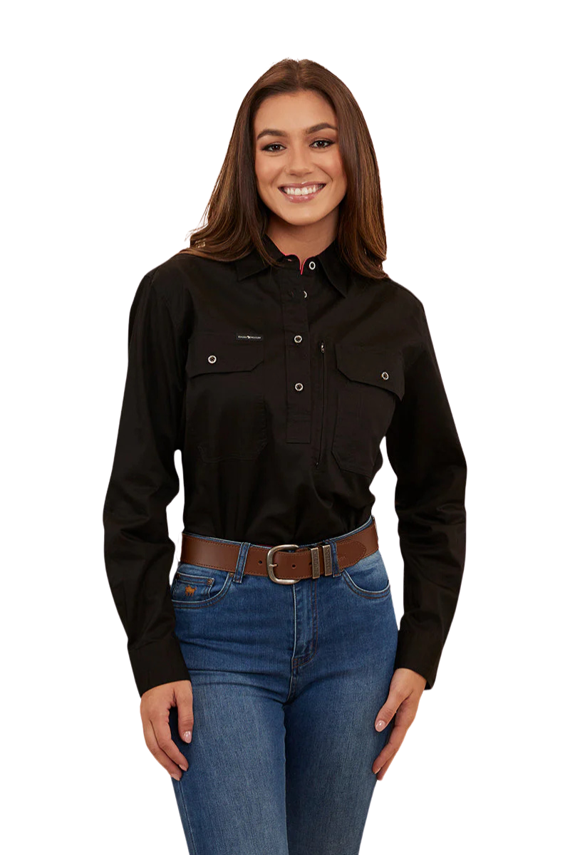 Ringers Western Womens Hereford L/S Half Button Workshirt (222155RW) Black/Melon [SD]
