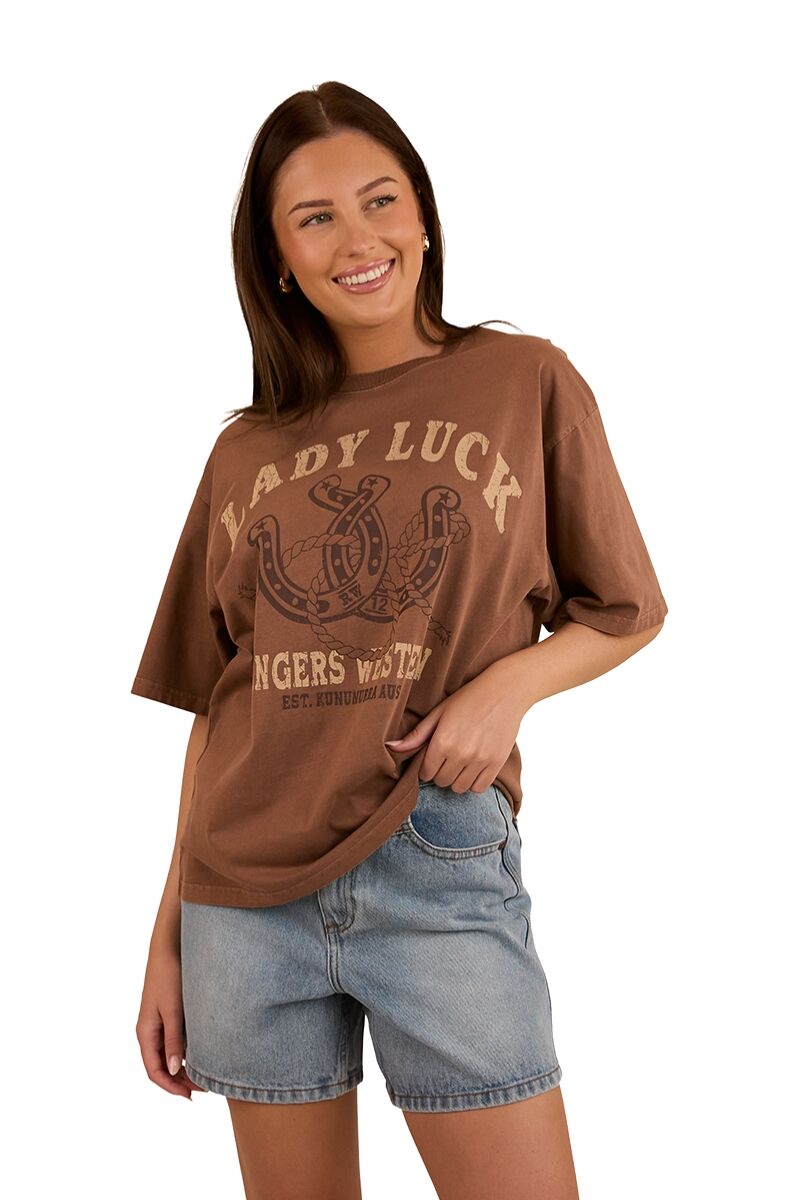 Ringers Western Womens Lady Luck Oversized S/S Tee (224068RW) Washed Saddle Brown