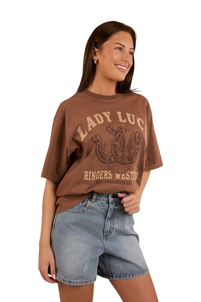 Ringers Western Womens Lady Luck Oversized S/S Tee (224068RW) Washed Saddle Brown