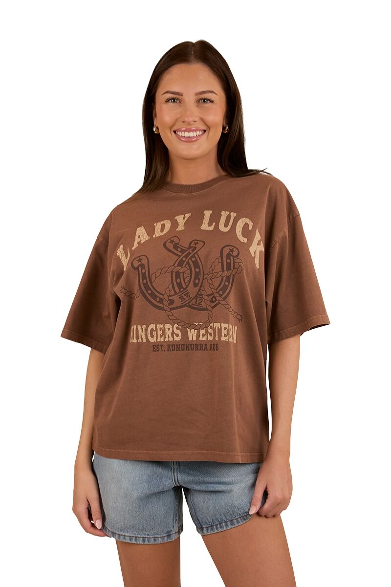 Ringers Western Womens Lady Luck Oversized S/S Tee (224068RW) Washed Saddle Brown