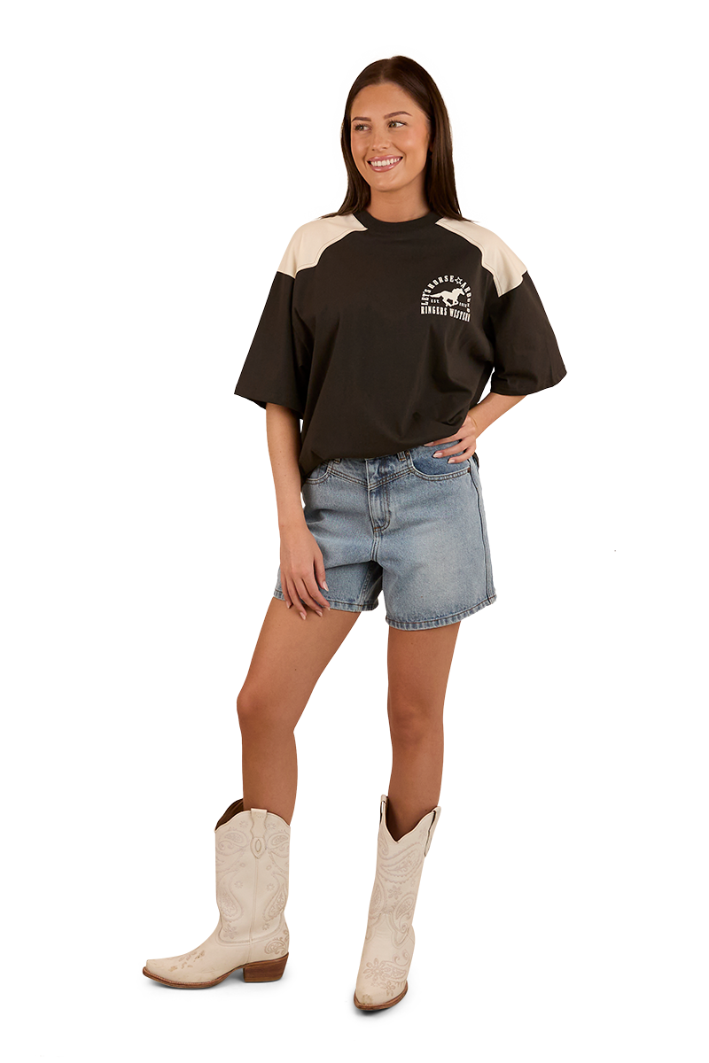 Ringers Western Womens Lets Horse Around Oversized S/S Tee (224070RW) Washed Black/Off White