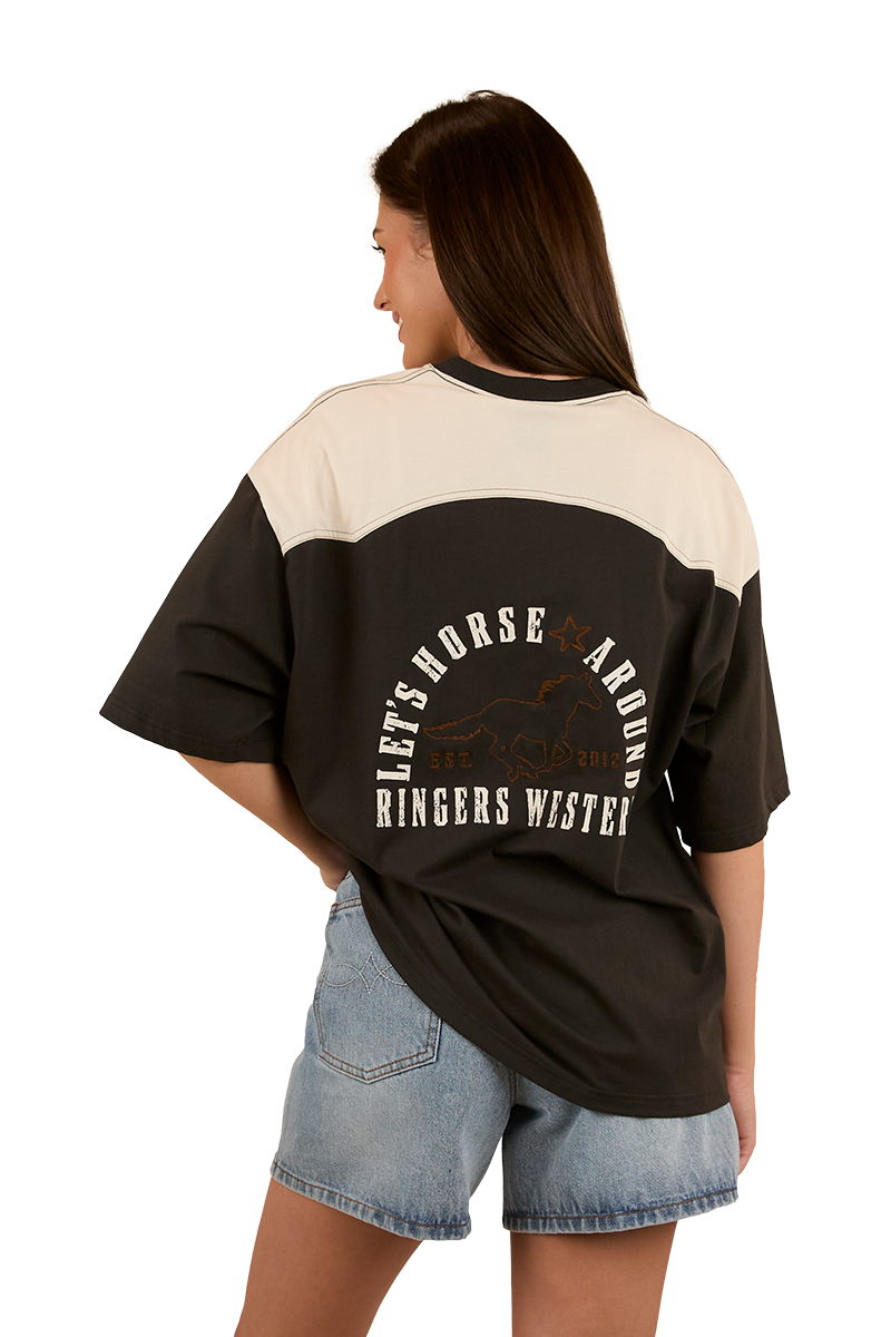 Ringers Western Womens Lets Horse Around Oversized S/S Tee (224070RW) Washed Black/Off White