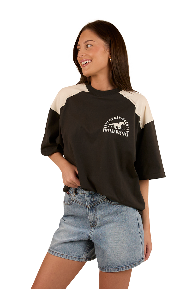 Ringers Western Womens Lets Horse Around Oversized S/S Tee (224070RW) Washed Black/Off White