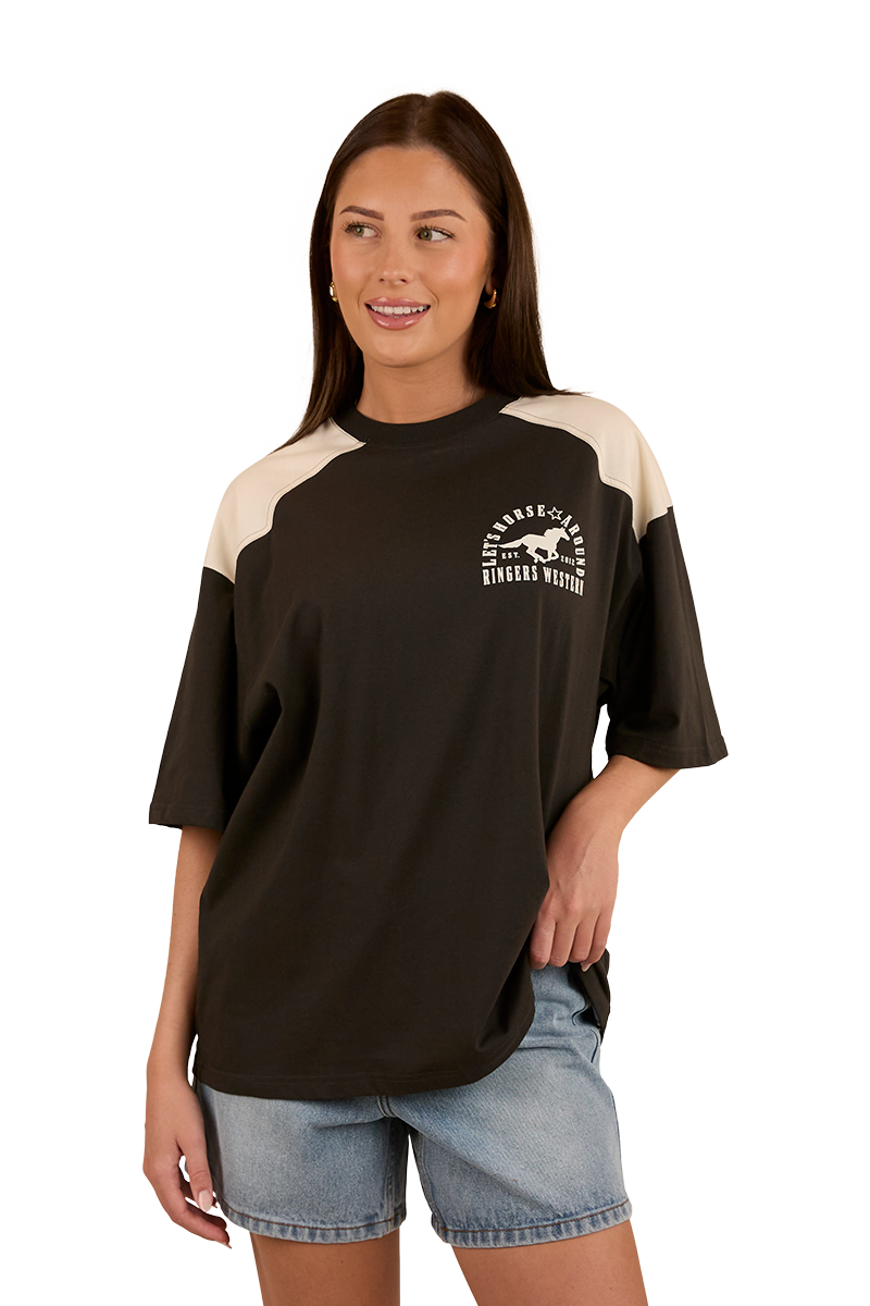 Ringers Western Womens Lets Horse Around Oversized S/S Tee (224070RW) Washed Black/Off White