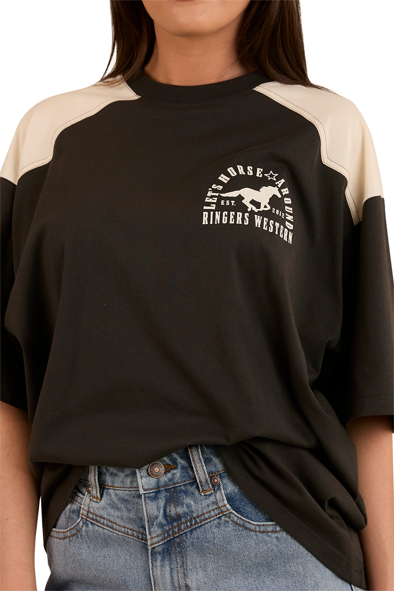 Ringers Western Womens Lets Horse Around Oversized S/S Tee (224070RW) Washed Black/Off White