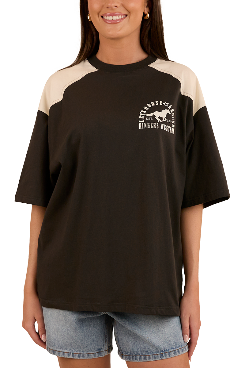 Ringers Western Womens Lets Horse Around Oversized S/S Tee (224070RW) Washed Black/Off White