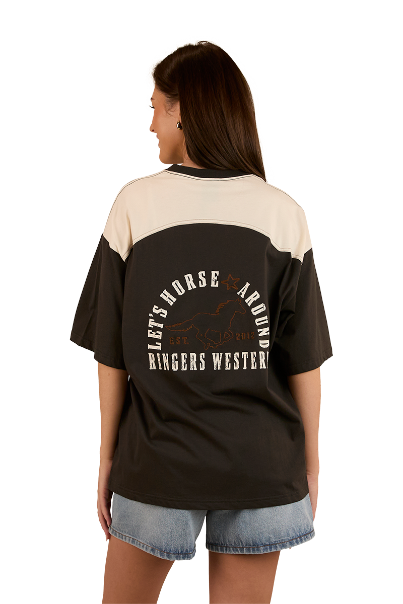 Ringers Western Womens Lets Horse Around Oversized S/S Tee (224070RW) Washed Black/Off White