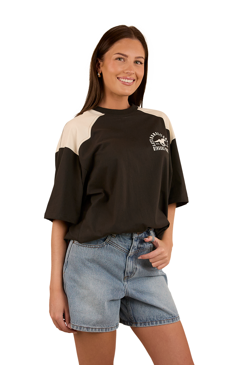 Ringers Western Womens Lets Horse Around Oversized S/S Tee (224070RW) Washed Black/Off White