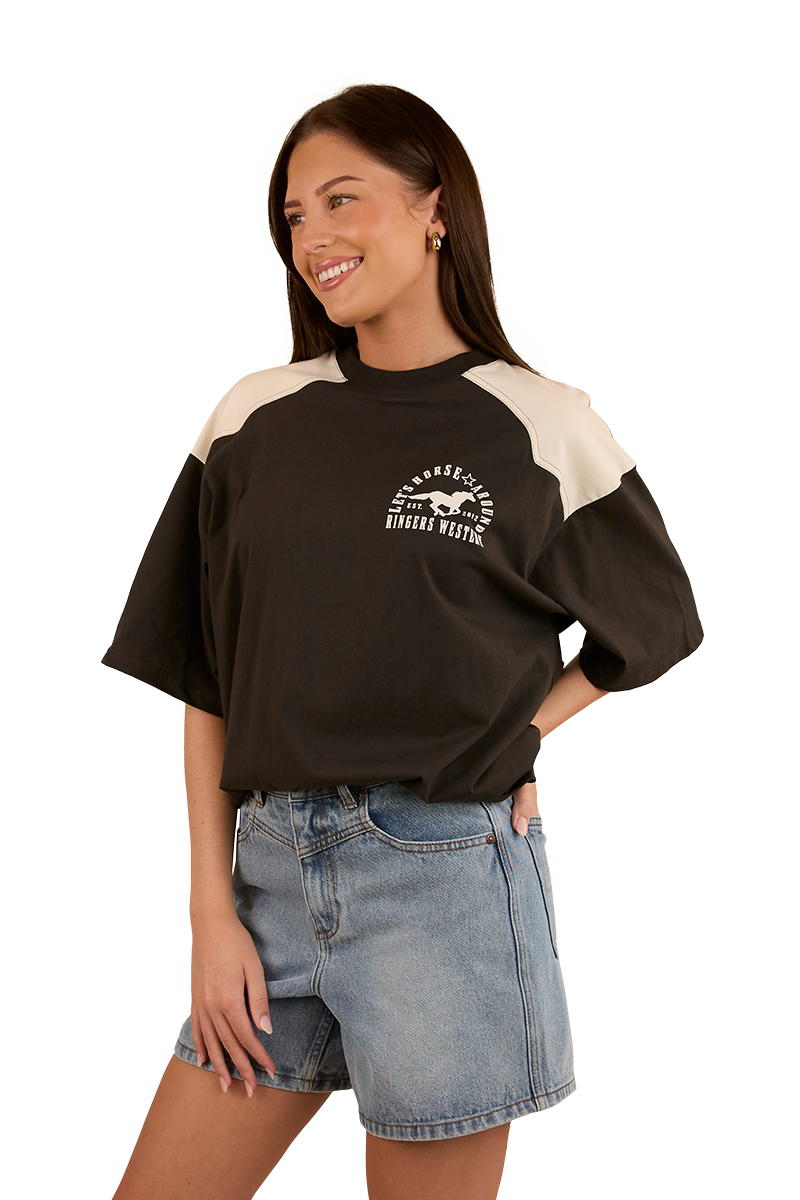 Ringers Western Womens Lets Horse Around Oversized S/S Tee (224070RW) Washed Black/Off White