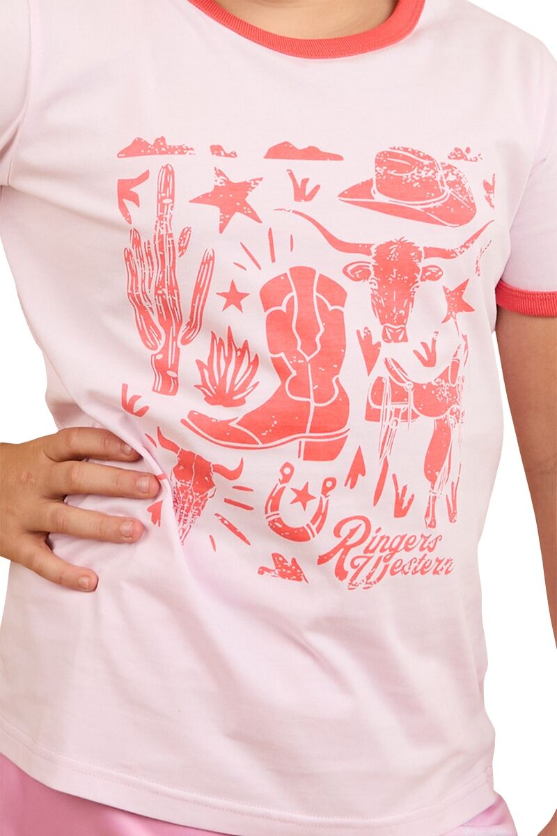 Ringers Western Childrens Boot Scootin Kids Ringer S/S Tee (324017RW) Barely Pink