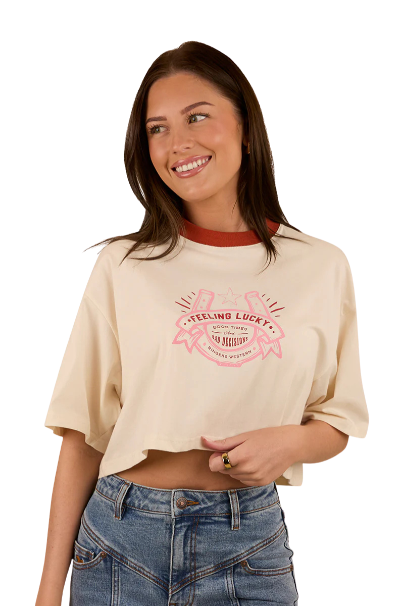 Ringers Western Womens Feeling Lucky Cropped Oversized S/S Tee (224069RW) Off White