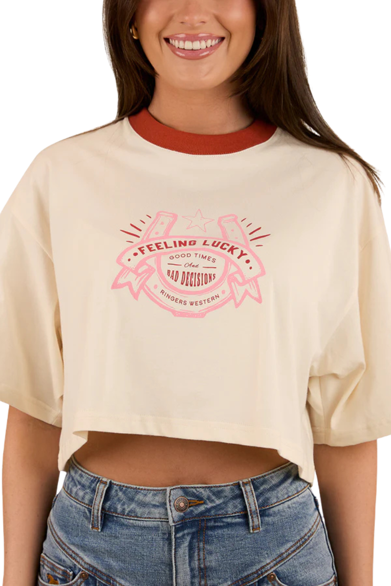Ringers Western Womens Feeling Lucky Cropped Oversized S/S Tee (224069RW) Off White