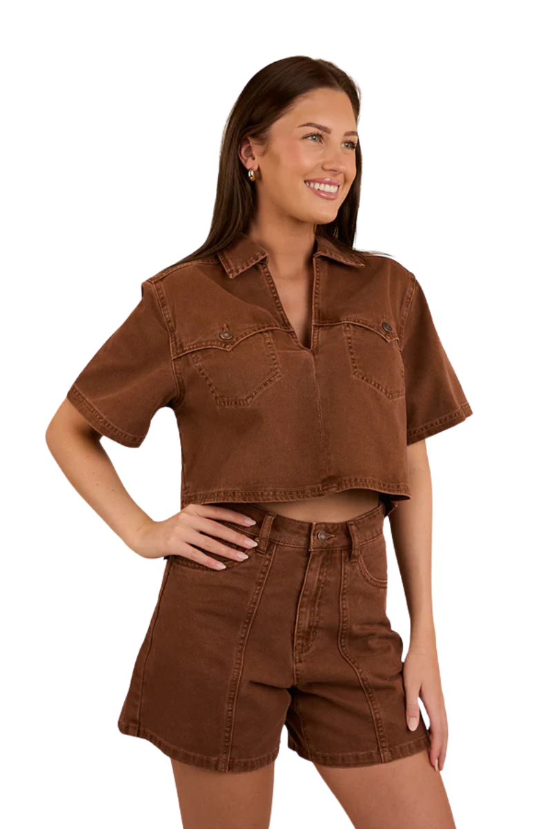 Ringers Western Womens Iris Denim S/S Top (224095RW) Saddle Brown