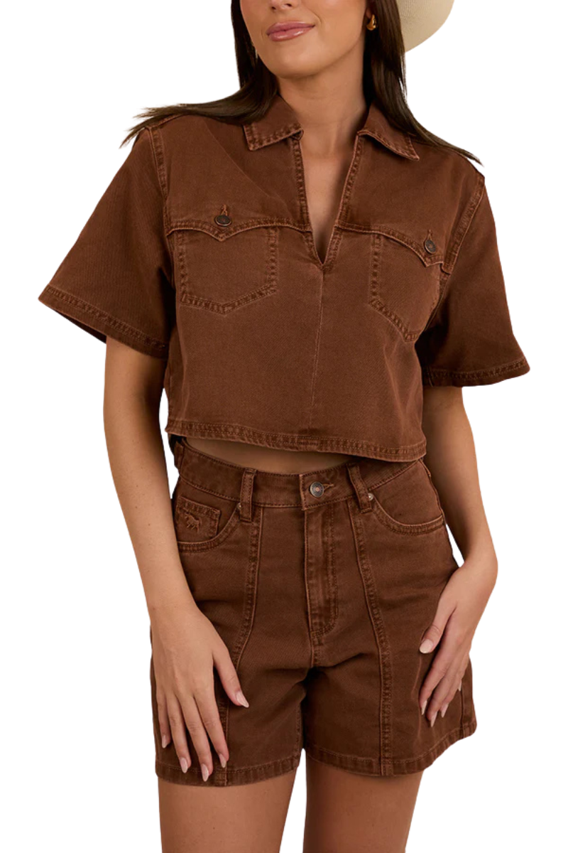 Ringers Western Womens Iris Denim S/S Top (224095RW) Saddle Brown