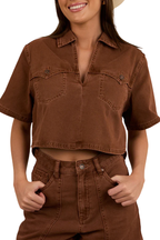 Ringers Western Womens Iris Denim S/S Top (224095RW) Saddle Brown