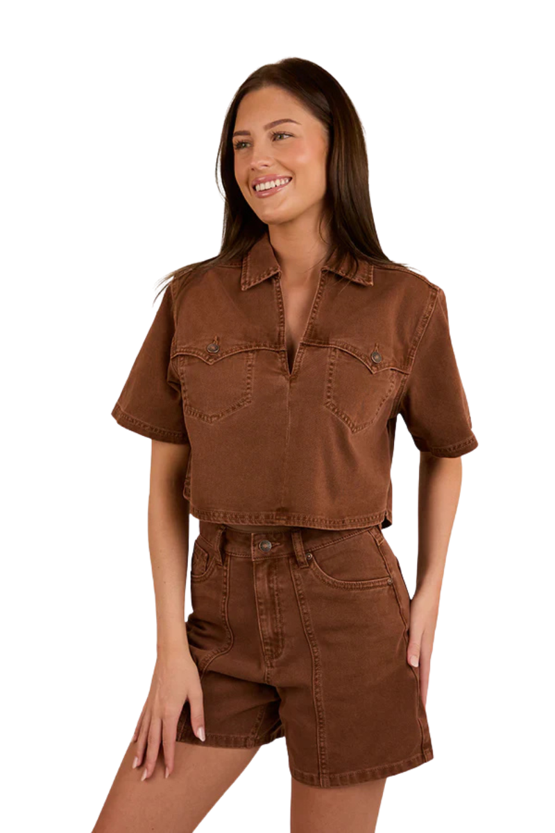 Ringers Western Womens Iris Denim S/S Top (224095RW) Saddle Brown