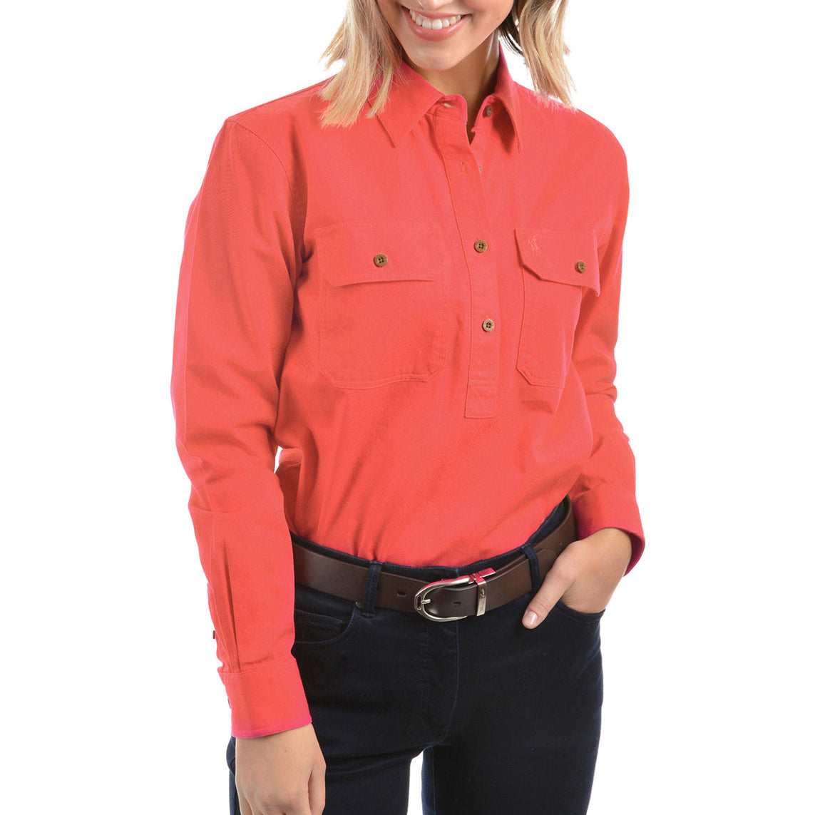 Thomas Cook Womens Contrast Light Drill Half Placket L/S Shirt (TCP2100182) Calypso Coral