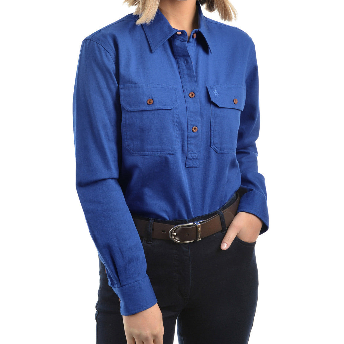 Thomas Cook Womens Contrast Light Drill Half Placket L/S Shirt (TCP2100182) Dutch Blue