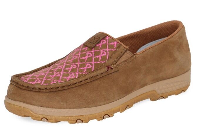 Twisted X Womens Pink Ribbon Cellstretch Slip On Moccasins (TCWXC0061) Brown/Pink